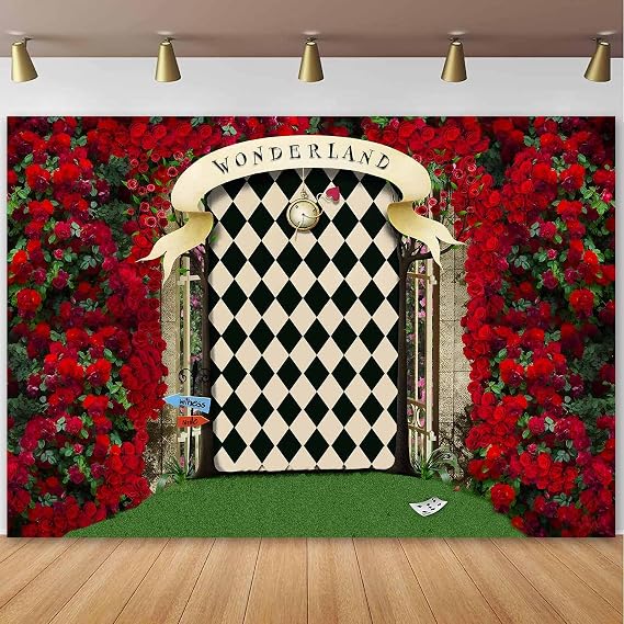 Sensfun Wonderland Backdrop for Photography,Wonderland Tea Party Backdrops Fairy Tale Rose Flower Garden Gate Background for Girls Birthday Baby Shower Decorations Banner Newborn Photo Props 7x5ft