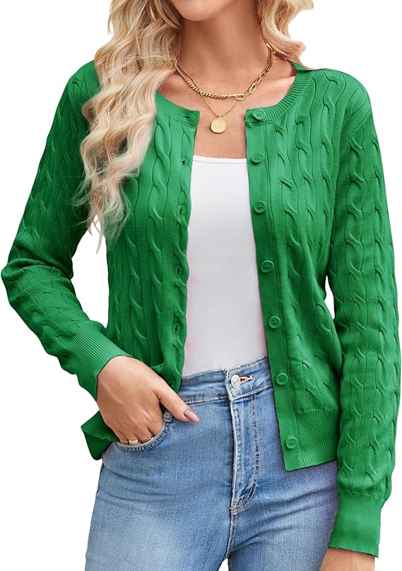 GRACE KARIN Womens Long Sleeve Button Up Cable Knit Cardigan Lightweight 2026 Crewneck Button Down Sweaters for Women