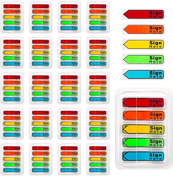Sign Here Tabs, 2400 Pcs/24 Packs Date Stickers 5 Colors With Dispenser Arrow Flags Easy to Post for Notary Books Paper