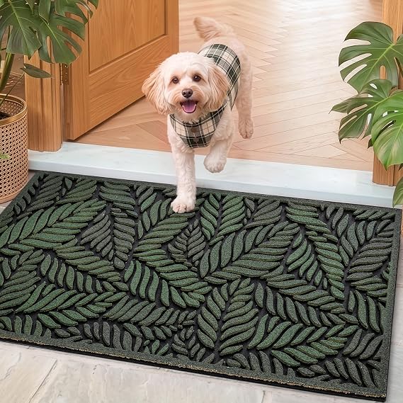 DEXI Front Door Mat Outside Entrance 24x36 Rubber Entry Doormat Green Leave