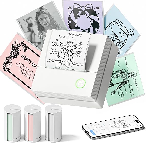 Sticker Printer, PM290 Mini Printer, Bluetooth Sticker Maker Machine with 3 Rolls Paper, Smart AI APP, Portable Print Pod for Study Note, Picture, List, DIY Gifts for School Office Home, White