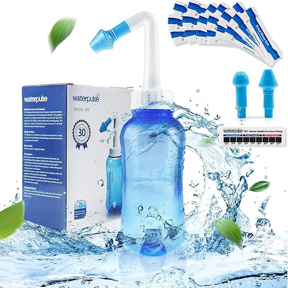 Waterpulse Neti Pot Sinus Rinse Kit, Blue, 300ml Bottle | 30 Salt Packets