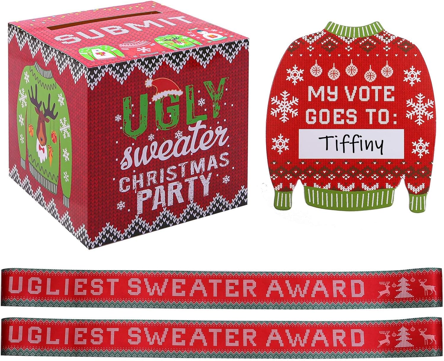 Cooraby Ugly Sweater Contest Ballot Box and 60 Voting Cards, 2 Pieces Sweater Award Sashes for Xmas Decorations Office Holiday Christmas Party Supplies