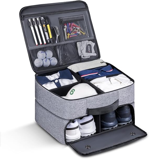 Golf Trunk Organizer 2 Layer, Car Golf Organizer with Ventilated Compartment for 2 Pair Shoes, Golf Trunk Storage Locker for Golf Accessories, Balls, Tees, Clothes, Gloves, Golf Gifts for Men
