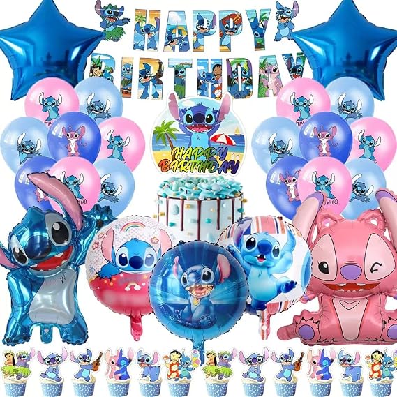 Stitch Party Supplies, 39PCS Birthday Decorations Set Include Banner, Balloons, Cake Cupcake Toppers, for Boys Girls Stitch