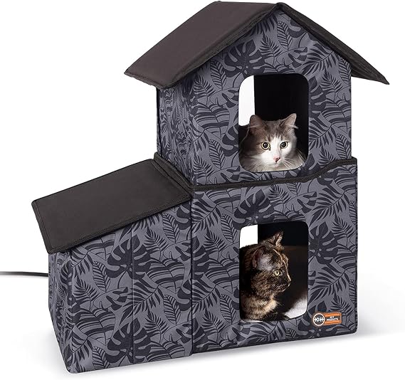 K&H Pet Products Two-Story Outdoor Kitty House with Dining Room Heated Gray Leaf 27 X 22 X 27
