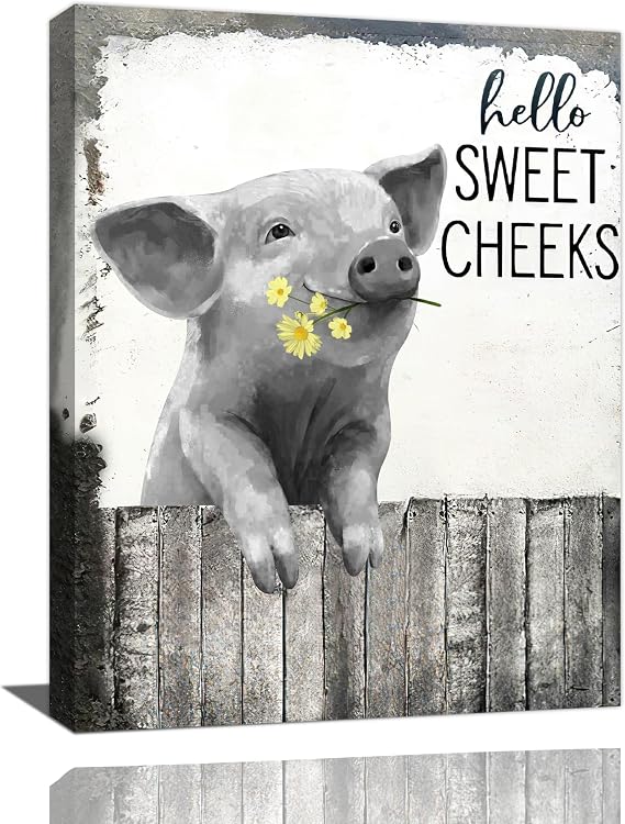 SweetFox Farmhouse Pig Bathroom Wall Art Funny Black and White Animal Pictures Wall Decor Rustic Bath Sign Pig with Daisy Canvas Painting Print Artworks for Bedroom Toilet Laundry Restroom 12"x16"