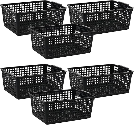 6 Pack Large Rectangular Storage Basket, Plastic Storage Bin, Black | 36.5 x 26 x 14.2 cm, Open Bins with Handles, Closet, Pantry, Office, Toy and Shelf Organizer