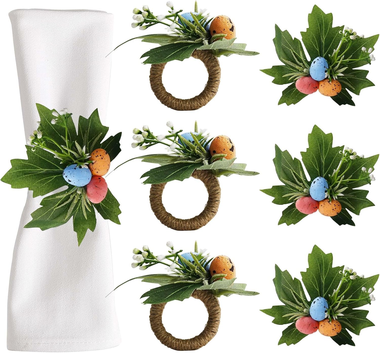 Easter Egg Napkin Rings Set of 6 with Colorful Eggs, Green Leaf Rings Jute Buckle Napkins Holder, Ideal for Kitchen Decor, Dinner Party, Easter Day Festival Celebration