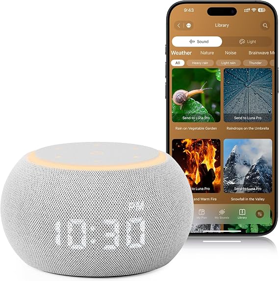 Hotmoon Alarm Clock with Sound Machine for Sleep, Luna Pro Dual-Stage Alarm, 507 Relaxing Sounds, Smart Night Light & Timer, Pink Green Brown White Noise Machine for Sleeping, Plug in, Cool Gray