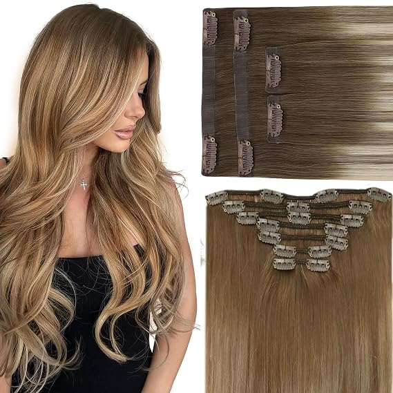 Full Shine Invisible Clip in Hair Extensions, Golen brown 20Inch 7Pcs 120Gram & Blonde 16Inch 4 Pcs 65Grams Invisible Clip ins Remy Straight Natural Look