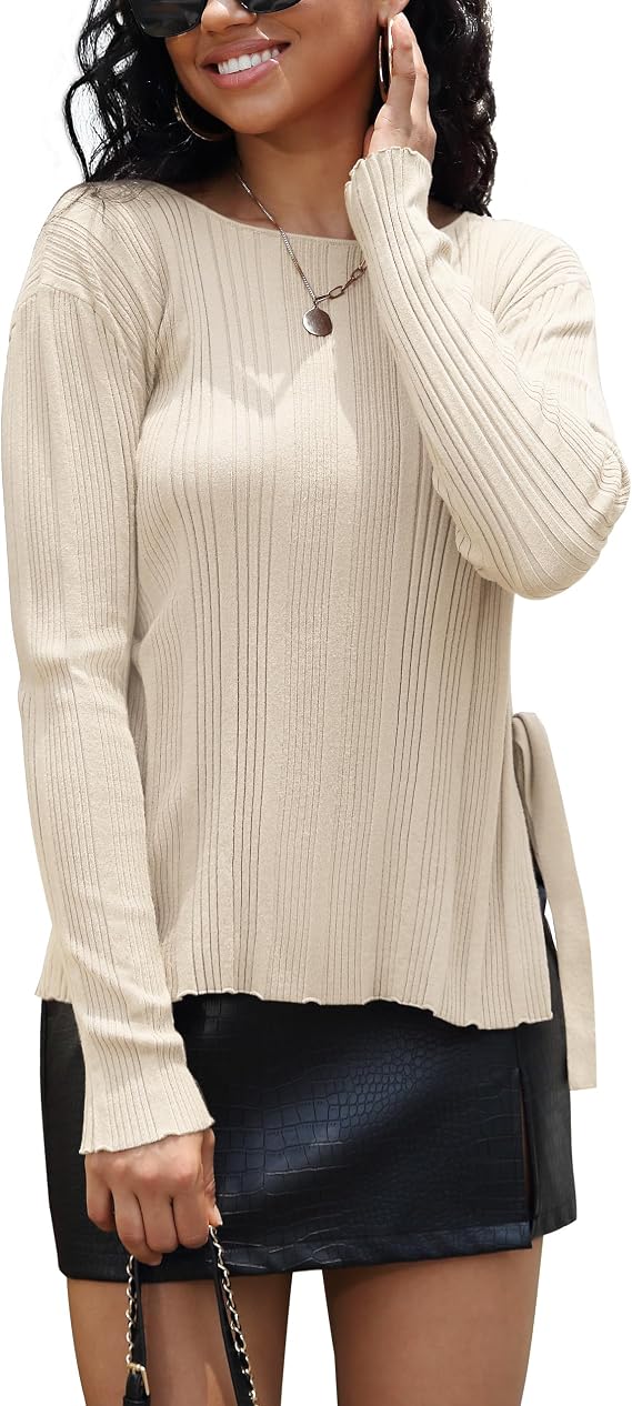 Rocorose Women's Long Sleeve Knit Tops Casual Side Tie Slit Ribbed Pullover Crewneck Sweater Shirts