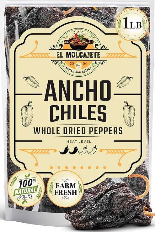 Dried Ancho Chile Peppers 1LB (16oz) Whole Dried Ancho Chiles, Mild to Medium Heat with Sweet and Smoky Flavor, Dried Peppers for Authentic Mexican Cooking, Mole, Sauces, Salsa by El Molcajete
