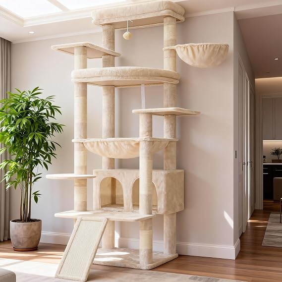 Heybly Tall Cat Tree for Large Cats, 202 cm Multi-Level Cat Tower for Indoor Cats with Large Baseboard, Condo Furniture with 2 Widened Plush Perches,Scratching Board and Big Caves, Beige HCT038M