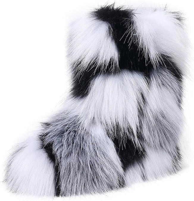 Women Leopard Faux Fur Boots, Fuzzy Warm Midcalf Winter Fashion Snow Boots