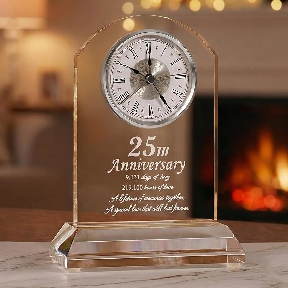 DEEWISH 25th Wedding Anniversary Clock Gifts for Couple Parents, Him Her | Silver 25 Years of Marriage Keepsake, Grandparents Mom Dad Anniversary Decor, for Wife Husband, Silent Desk Clock, Gift-Ready