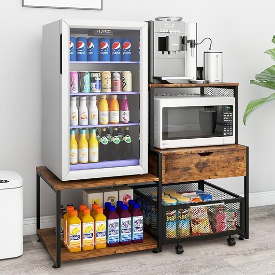 PUNCIA Mini Fridge Stand with Storage, Coffee Bar Cabinet with Drawer | Beverage Refrigerator Table, Microwave Oven Stand with Rolling Basket for Home Dorm Apartment Office