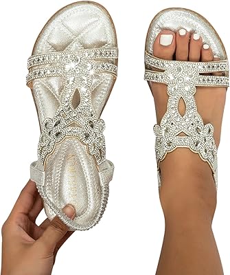 ZBYY Womens Flats Sandals Bohemia Rhinestone Open Toe Elastic Ankle Strap Sandals Summer Comfortable Beach Shoes Sandals