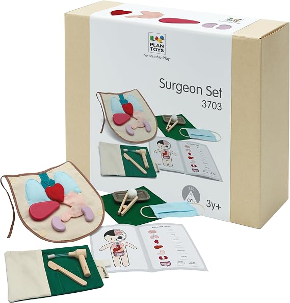 PlanToys Wooden Pretend Play Surgeon Set (3703) | Sustainably Made from Rubberwood and Non-Toxic Paints and Dyes