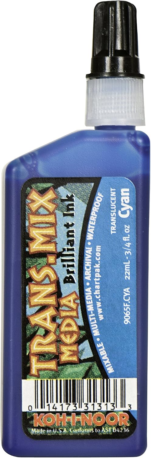 Koh-I-Noor Translucent Mix Media Pigment-Based Drawing Ink, 0.75 Oz. Bottle, Cyan 9065F.CYA