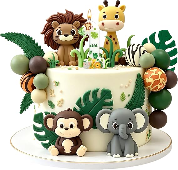 Safari Animal Cake Topper, Jungle Wild One Candle Set for 1st Birthday | rubber jungle animal figurines, number 1 candle, palm leaves, wild one theme, for 1st birthday baby shower,gender neutral