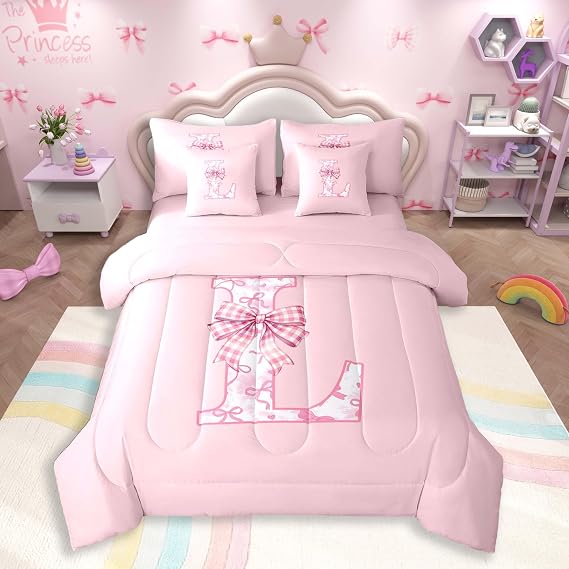 Feelyou Girls Pink Bow Comforter Set with Sheets 7 Piece King Size Letter L Bedding Set for Kids Buffalo Check Bowknot Bed in a Bag Bow Tie Plaid Room Decor Coquette Soft Lightweight Microfiber
