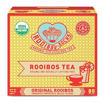 Caffeine Free Organic Rooibos Tea Bags 80 - Naturally Sweet Herbal Tea Safe for Kids & Pregnant Women Low Tannin Premium South African Tea Red Tea - Sustainably & Ethically Farmed Red Rooibos Tea