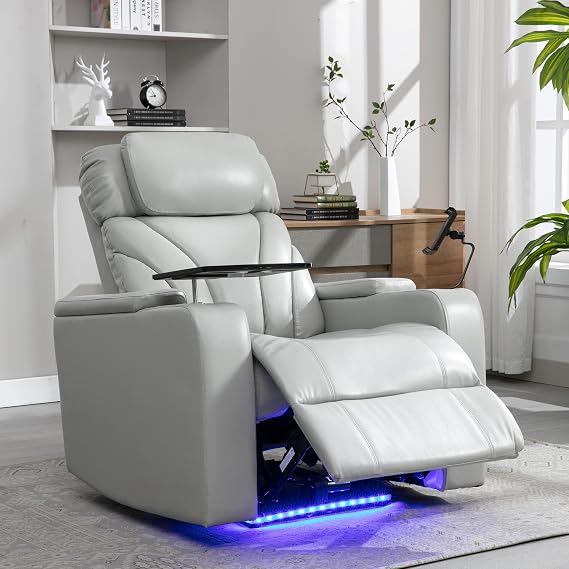 P PURLOVE Power Motion Recliner Chair for Home, PU Electric Recliner with Swivel Tray Table USB Charging Port and Hidden Arm Storage, Home Theater Seating with Cup Holder Design, Light Grey