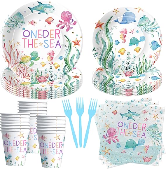 APOWBLS Under The Sea First Birthday Party Decorations Tableware, Serves 24 | Oneder Sea 1st Birthday Decorations Supplies, Disposable Ocean One Year Old Birthday Paper Plates, Cups, Napkins, Forks