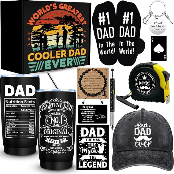 11 Pcs Dad Gifts for Men, Father's Day Gifts, Best Dad Ever Gift with 20 Oz Tumbler Socks Baseball Cap Tape Measure Bracelet Wallet Card Keychain, Fathers Day Birthday Christmas Gift for Dad Husband