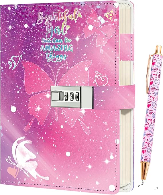 Butterfly Diary with Lock for girls, diary for girls ages 8-12, kids Leather journals for girls, princess diaries journal with lock, Birthday Christmas Gifts for daughter granddaughter niece