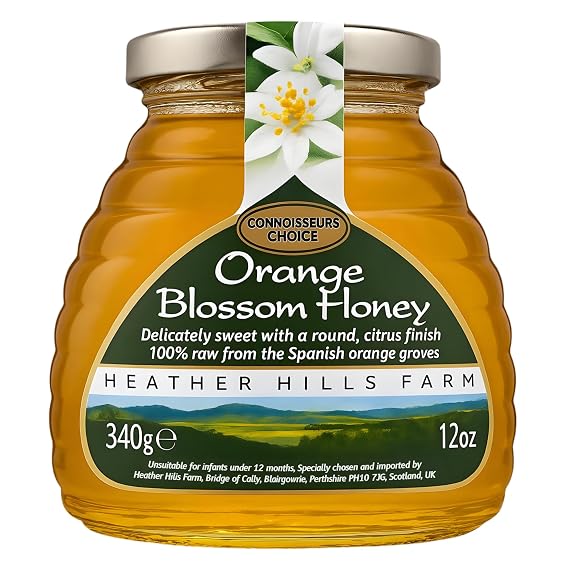 Heather Hills Farm Raw Spanish Orange Blossom Honey 340g (12oz) | Pure, Natural, Artisan Monofloral Honey from Spain in Glass Jar | Unfiltered & Unpasteurized, Delicately Sweet Citrus Finish