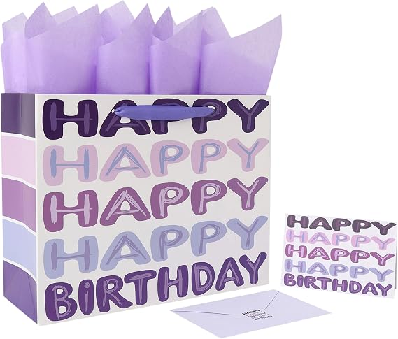 Qirrmiy 13'' Large Purple Happy Birthday Gift Bag Set with Handles, Greeting Card, Tissue Papers and Stickers for Women Girls Kids Teens, Words Design, 1 Pcs