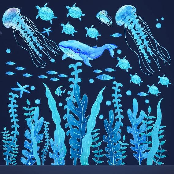 Glow in the Dark Ocean Fish Wall Decals Sea Turtle Jellyfish Wall Stickers | Colorful Removable Seaweed Marine Stickers, Suitable For Toddler Boys Girls Bathroom & Playroom Decor