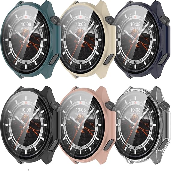 Compatible with OnePlus Watch 3 Case & OPPO Watch X2 Case, PC Protective Case & Tempered Glass Film Screen Protector (6-Pack)