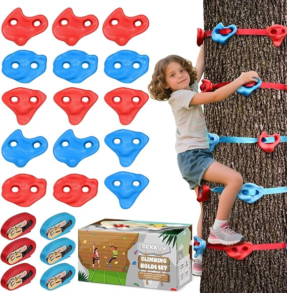 Tree Rock Climbing Kit for Kids - 15PCS Climbing Holds & 6 Ratchet Straps | No-Drill Tree Climbing Rocks, Outdoor Ninja Warrior Course, Birthday Gift for Boys Girls Ages 3+