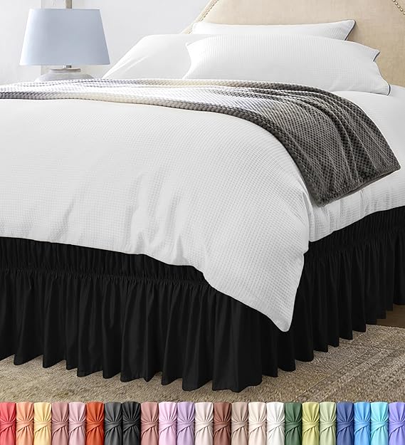 Wrap Around Ruffle Twin Size Bed Skirt Adjustable Buckle & Elastic Belt for Easy Installation, 15 Inch Drop Brushed Microfiber - Machine Washable, Fade and Wrinkle Resistant, Black