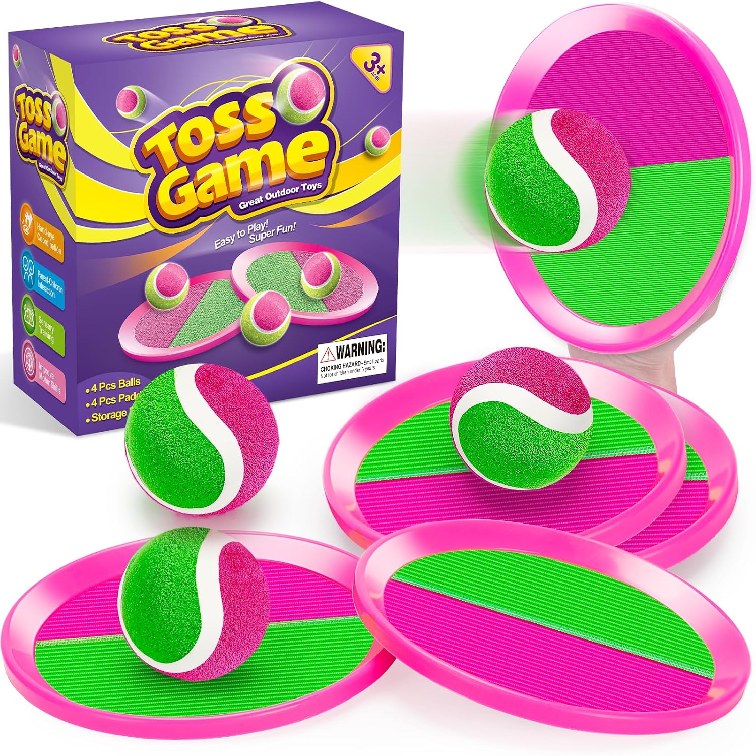 Outdoor Toys for Kids Ages 4-8, Toss Game Set for 3 4 5 6 7 8 -12 Year Old Boys Girls, Outside Catch Ball Toys for Pool, Beach, Yard - Toddlers Birthday Gifts Easter Basket Stuffers4 Pink Paddles