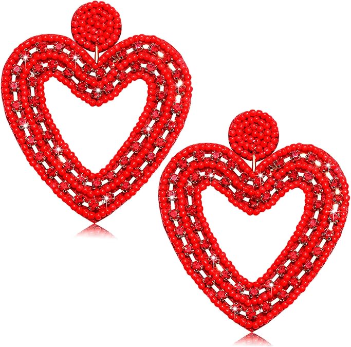 Valentines Heart Earrings for Women Beaded Heart Dangle Earrings Romantic Rhinestone Love Heart Drop Earrings Valentines Day Gifts