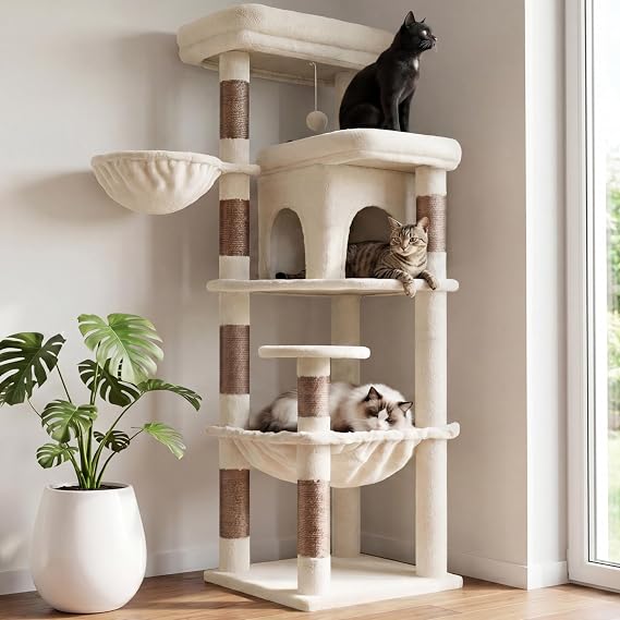 Heybly Cat Tree, 56" Multi-Level Easy Climb Tower for Large Cats HCT028MJ | Cat Furniture with 2 Perches, Cozy Hammock, Spacious Condo & Cat Basket, Durable Sisal Scratching Posts, Beige