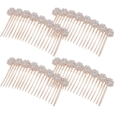 Geosar 4 Pieces Alloy Rhinestone Side Hair Combs Crystal Flower Clips Wedding Comb Bridal Jewelry Clips Combs French Hair Accessories for WomenRose Gold