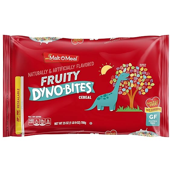 Malt-O-Meal Fruity Dyno Bites Cereal, Gluten Free, 25 oz Bag | Colorful Pieces With Crunchy Texture In A Convenient Resealable Package That Helps Maintain Freshness