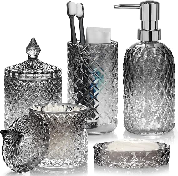 Glass Bathroom Accessories Set, 5 Piece Collection with Soap Dispenser, Toothbrush Holder, Tumbler, Soap Dish, Cotton Swab Jar (Black Gradient Transparent)