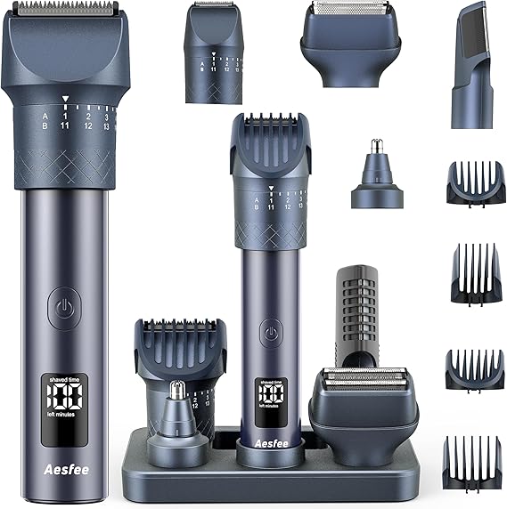 Aesfee Beard Trimmer for Men, 5-in-1 Waterproof Electric Razor & Hair Clippers Grooming Kit with 20 Precision Dial Lengths, USB-C Organizer & Charging Dock