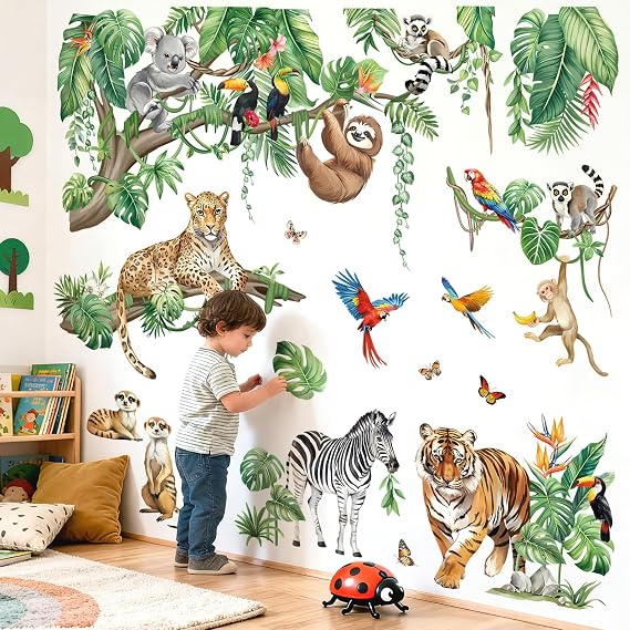 decalmile XXL Safari Animals Wall Stickers Jungle Tigers Lions Tropical Hanging Vine Leaves Wall Decals Baby Nursery Kids Bedroom Playroom Wall Decor