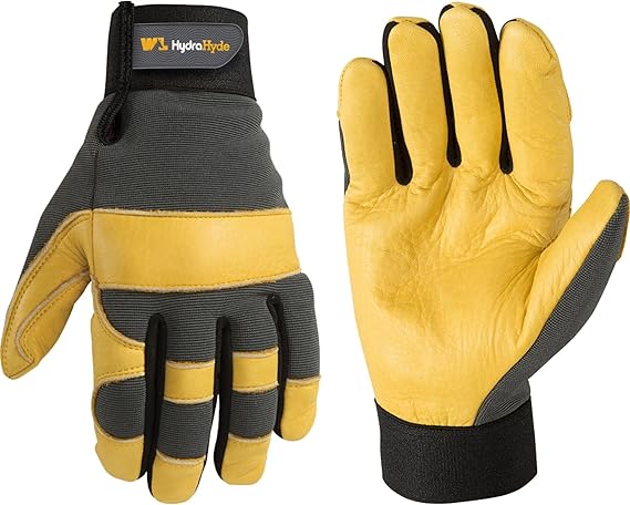 Wells Lamont Men's Leather Palm Work Gloves HydraHyde Water-Resistant Leather, Flexible Spandex Back, Adjustable Closure