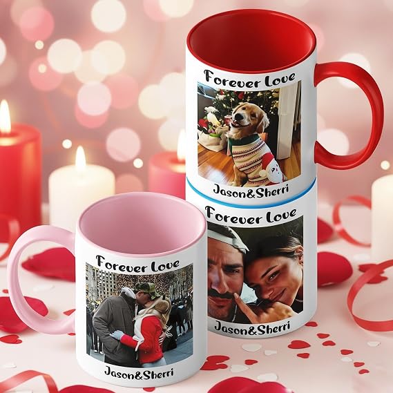 Personalized Valentine's Day Coffee Mug, 11/15 oz Ceramic Holiday Cup with Custom Name Design, Coffee Mug with Photo Text Gift for Couple Men & Women, 12 Colors