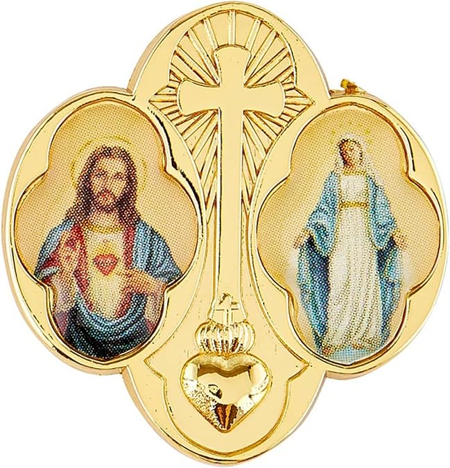 Needzo Sacred Heart and Miraculous Lapel Pin for Backpack, Jacket or Hat, Gold Toned Cross Medal Christian Jewelry, Religious Spiritual Gift for Women, 1 Inch