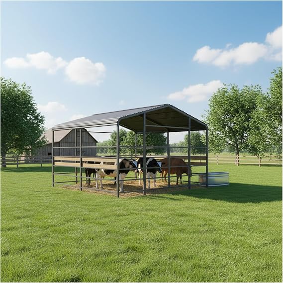 13x20 ft Heavy Duty Metal Cattle Barn Shelter Kit, Galvanized Steel Frame with PVC Roof, Easy Assembly for Livestock, Cows, Horses - Weather Resistant Ranch Shed (13 * 13)