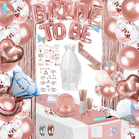 224 Pcs Rose Gold Bachelorette Party Decorations for Bride, Bridal Shower Party Supplies Set with "Bride To Be" Banner, Veil, Tiara, Sash, Balloons, Tableware and Photo Props